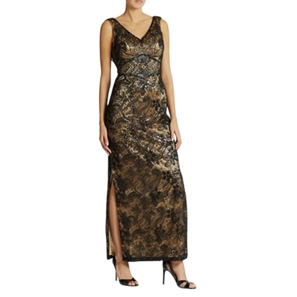Sue Wong Soutache/Beaded Embroidered Cowl-back Black Illusion Gown
